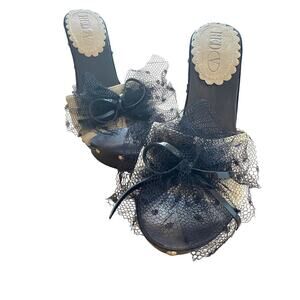 RED Valentino Garavani Wood, Leather, Mesh, Lace, stiletto mules black tan gold